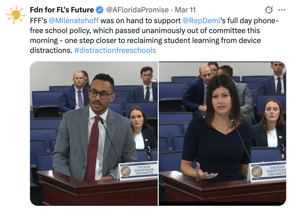screenshot of FFF tweet featuring FFF senior legislator director Nathan Hoffman testifying on phone free schools legislation